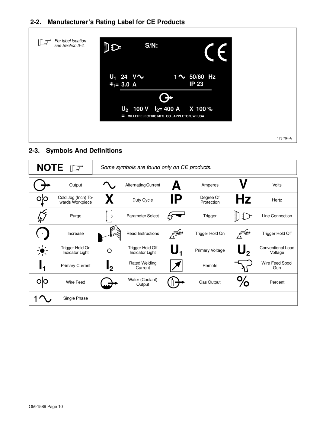 Miller Electric OM-1589 manual Manufacturer’s Rating Label for CE Products, Symbols And Definitions 