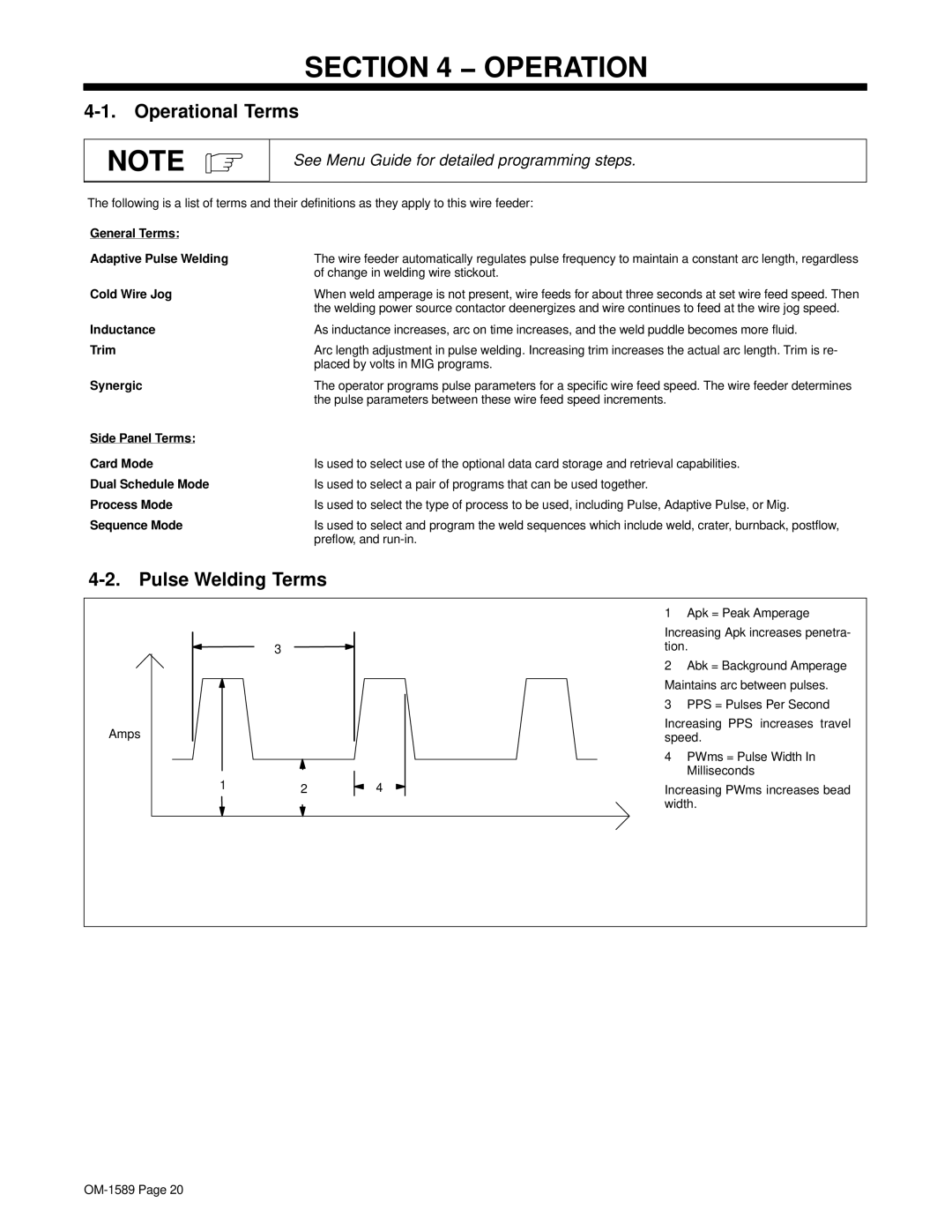 Miller Electric OM-1589 manual Operational Terms, Pulse Welding Terms 