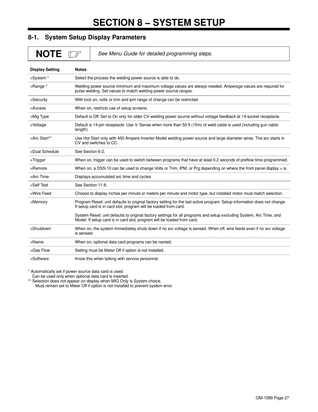 Miller Electric OM-1589 manual System Setup Display Parameters, Display Setting 