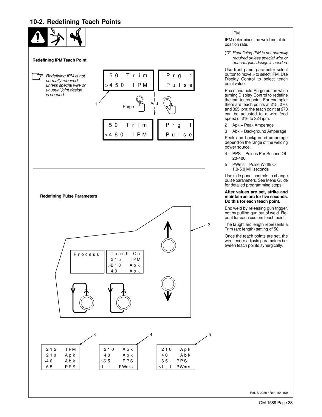 Miller Electric OM-1589 manual Redefining Teach Points, Redefining IPM Teach Point, Redefining Pulse Parameters 