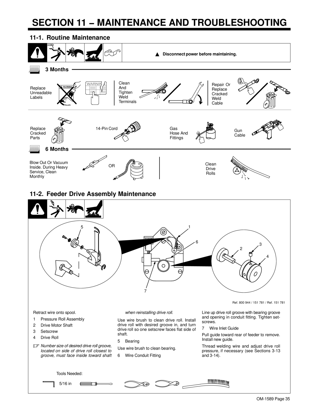 Miller Electric OM-1589 Maintenance and Troubleshooting, Routine Maintenance, Feeder Drive Assembly Maintenance, Months 