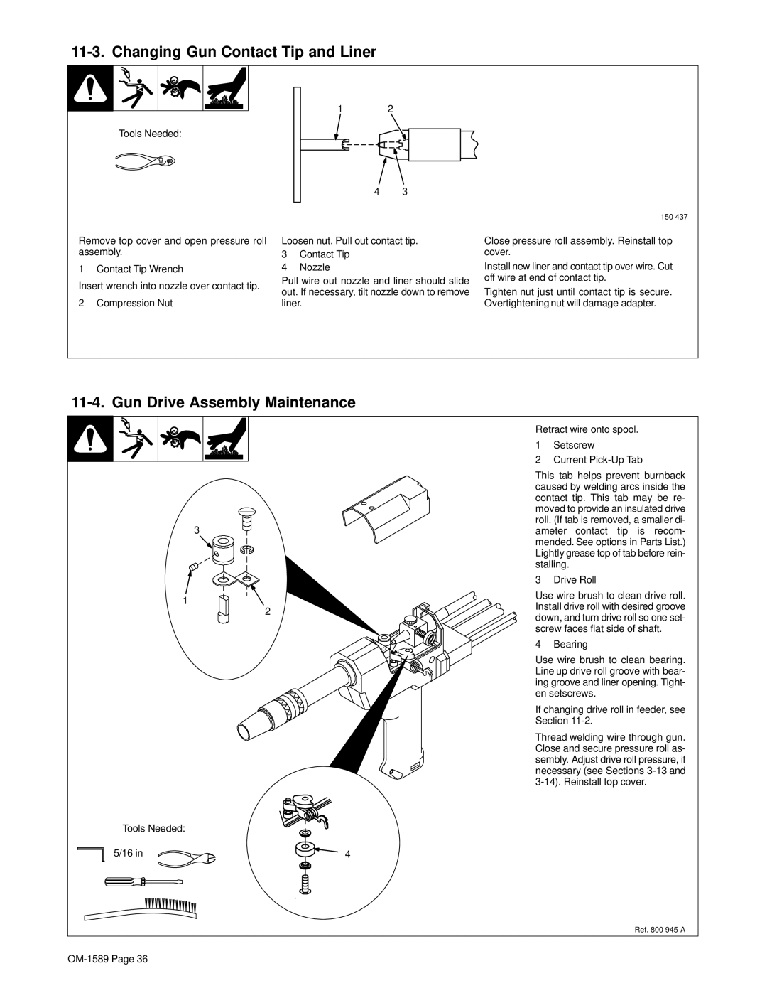 Miller Electric OM-1589 manual Changing Gun Contact Tip and Liner, Gun Drive Assembly Maintenance 