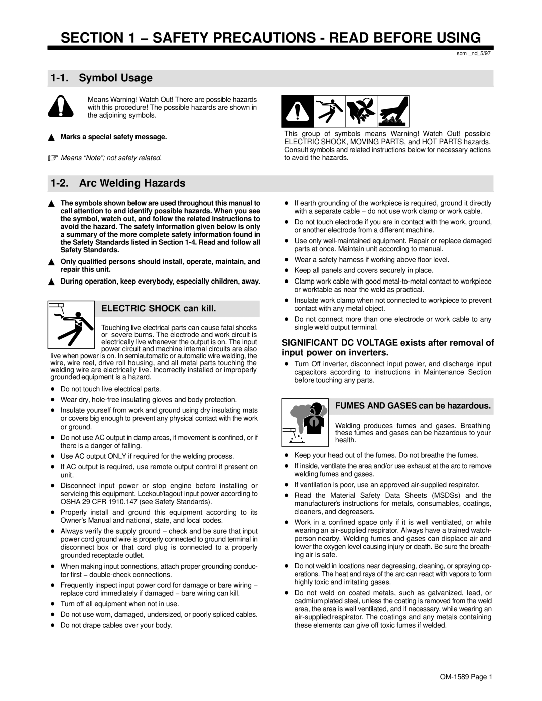 Miller Electric OM-1589 manual Symbol Usage, Arc Welding Hazards, Electric Shock can kill, Fumes and Gases can be hazardous 