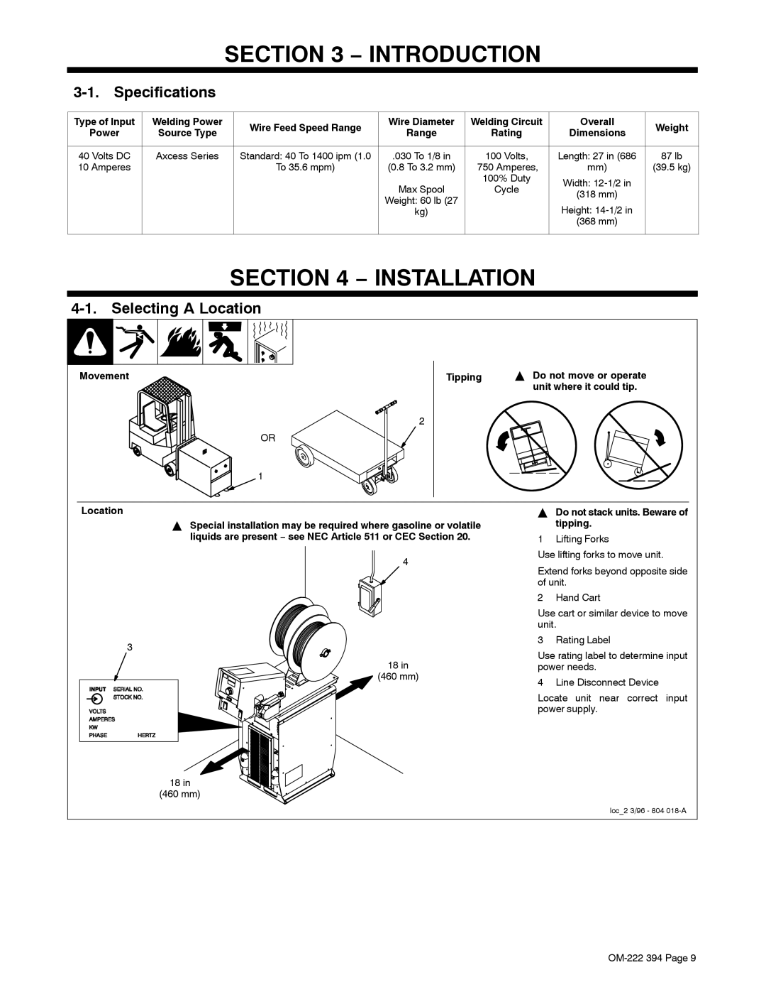 Miller Electric 394F, OM-222 manual Introduction, Installation, Specifications, Selecting a Location 