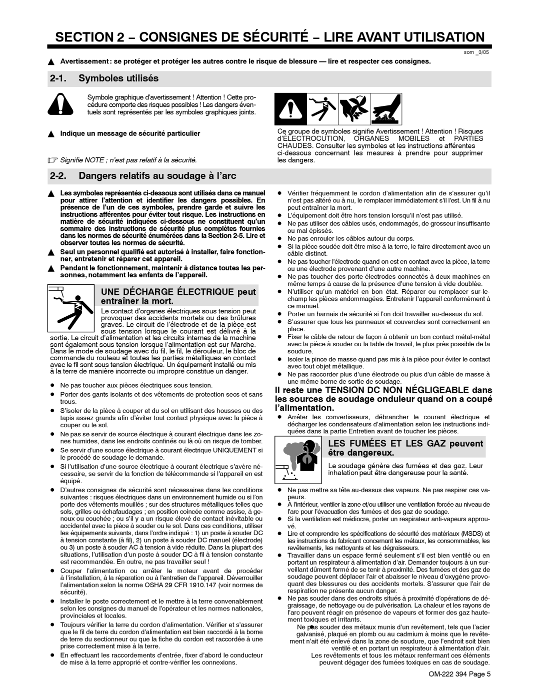 Miller Electric 394F, OM-222 UNE Décharge Électrique peut entraîner la mort, LES Fumées ET LES GAZ peuvent être dangereux 