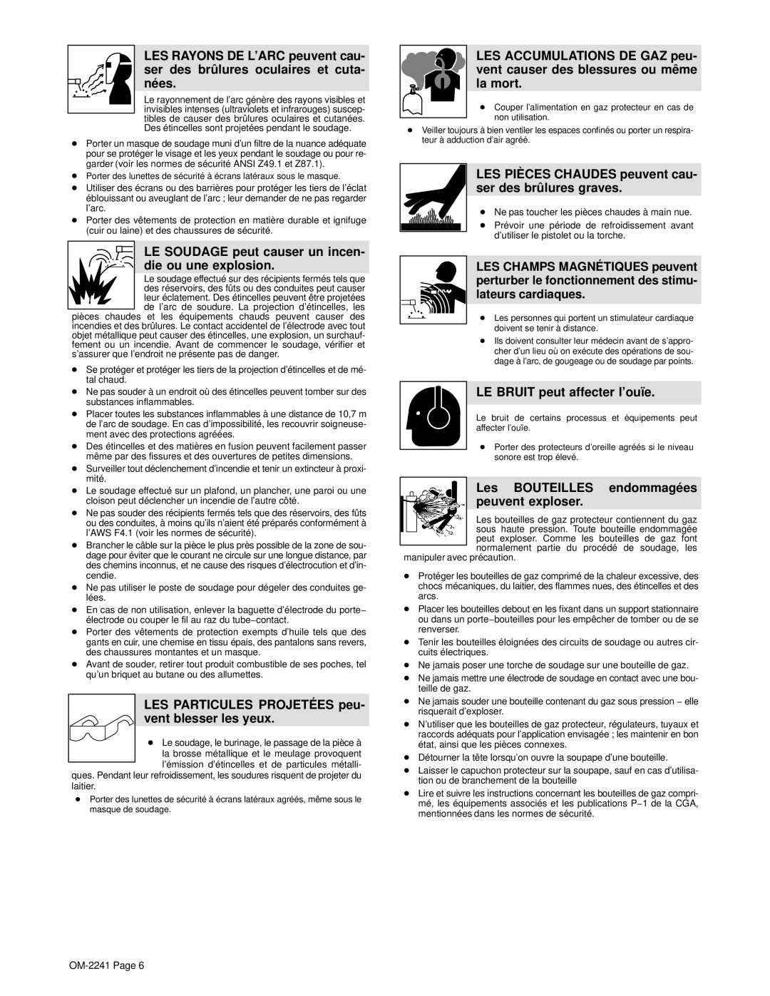 Miller Electric OM-2241 manual LE Soudage peut causer un incen- die ou une explosion, LE Bruit peut affecter l’ouïe 