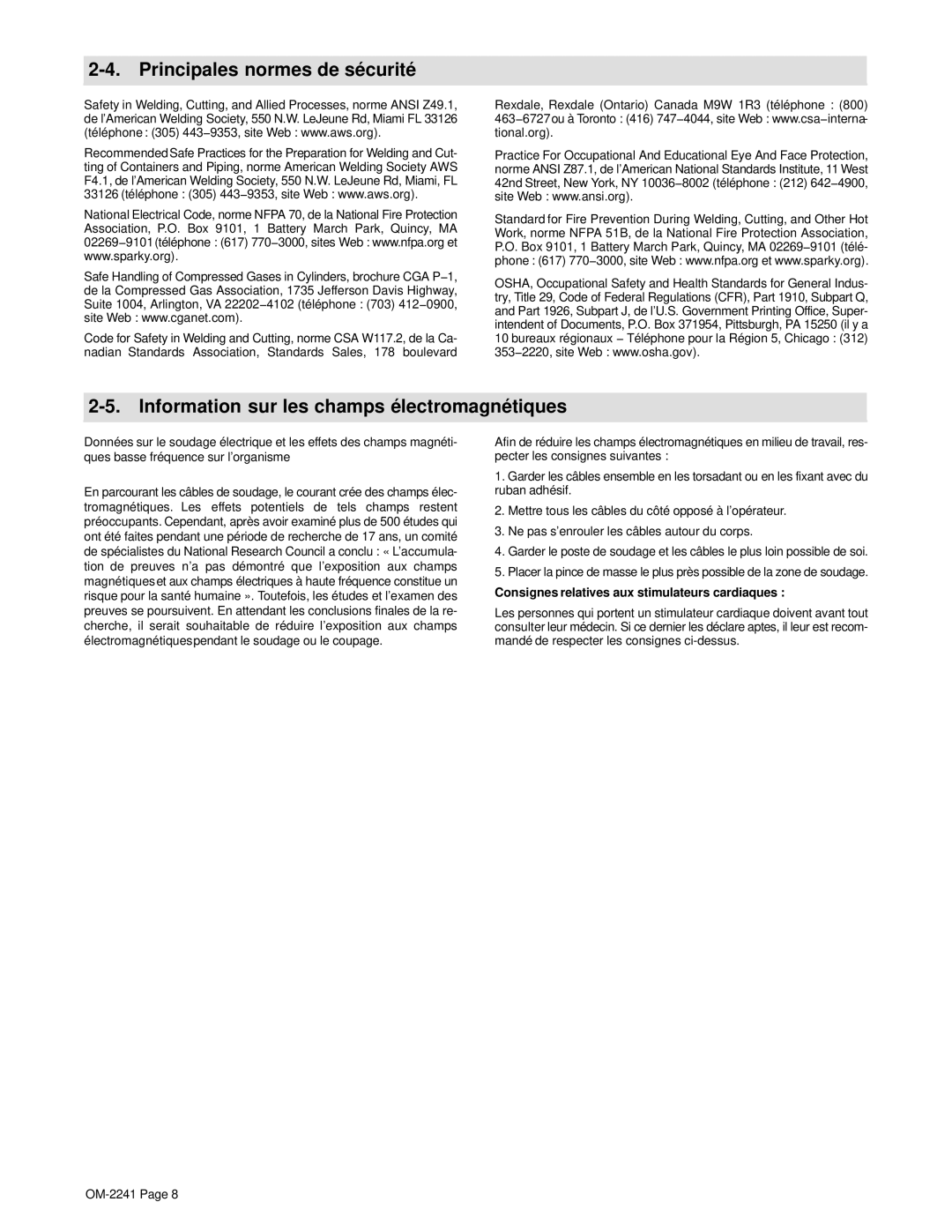 Miller Electric OM-2241 manual Principales normes de sécurité, Information sur les champs électromagnétiques 