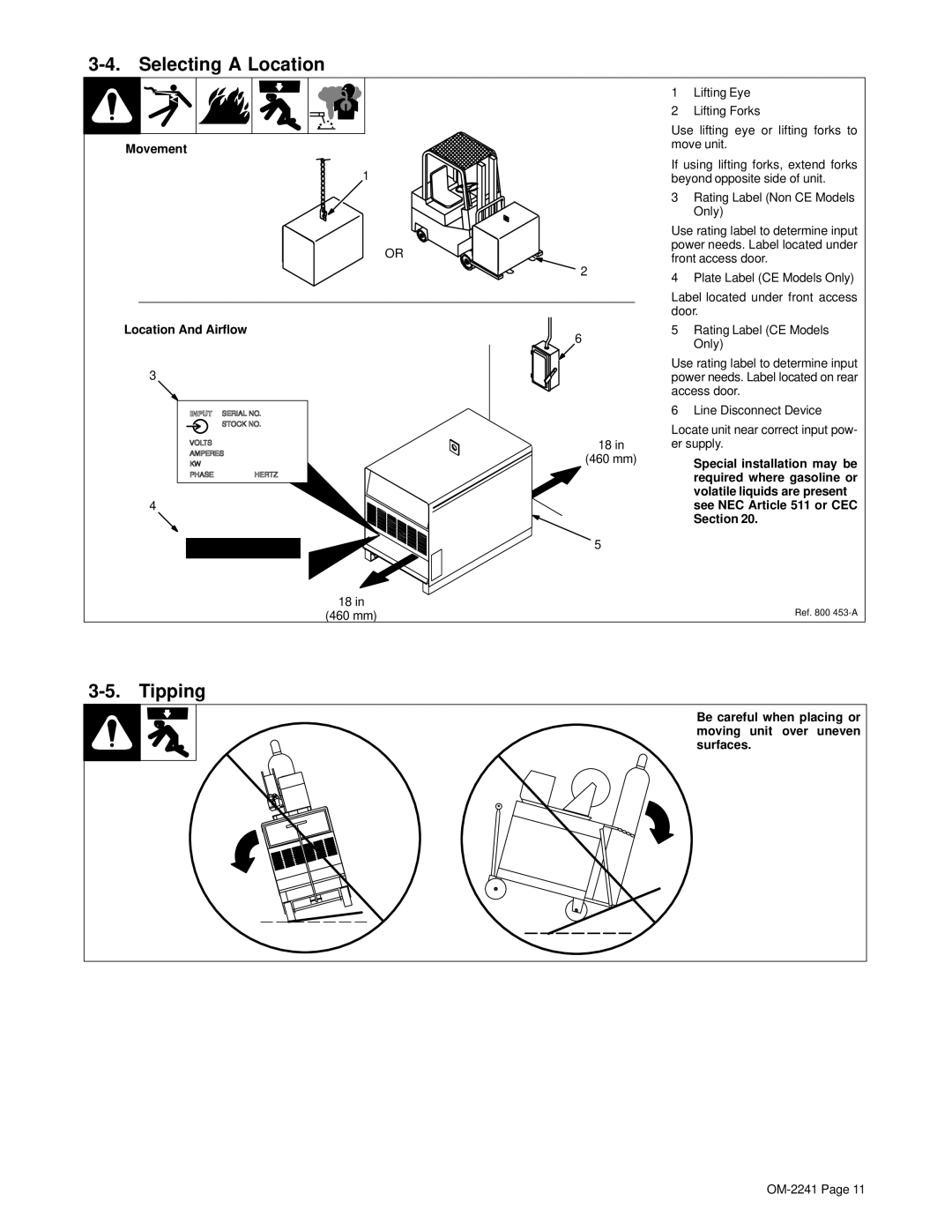 Miller Electric OM-2241 manual Selecting a Location, Tipping, Movement Location And Airflow 