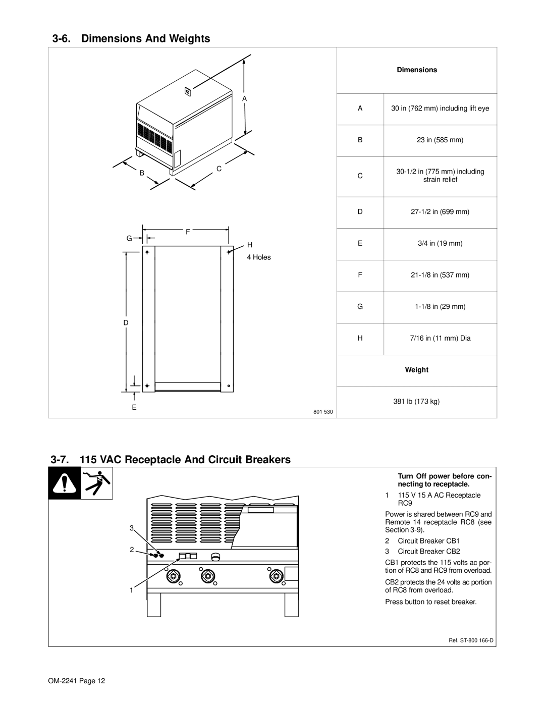 Miller Electric OM-2241 manual Dimensions And Weights, VAC Receptacle And Circuit Breakers 