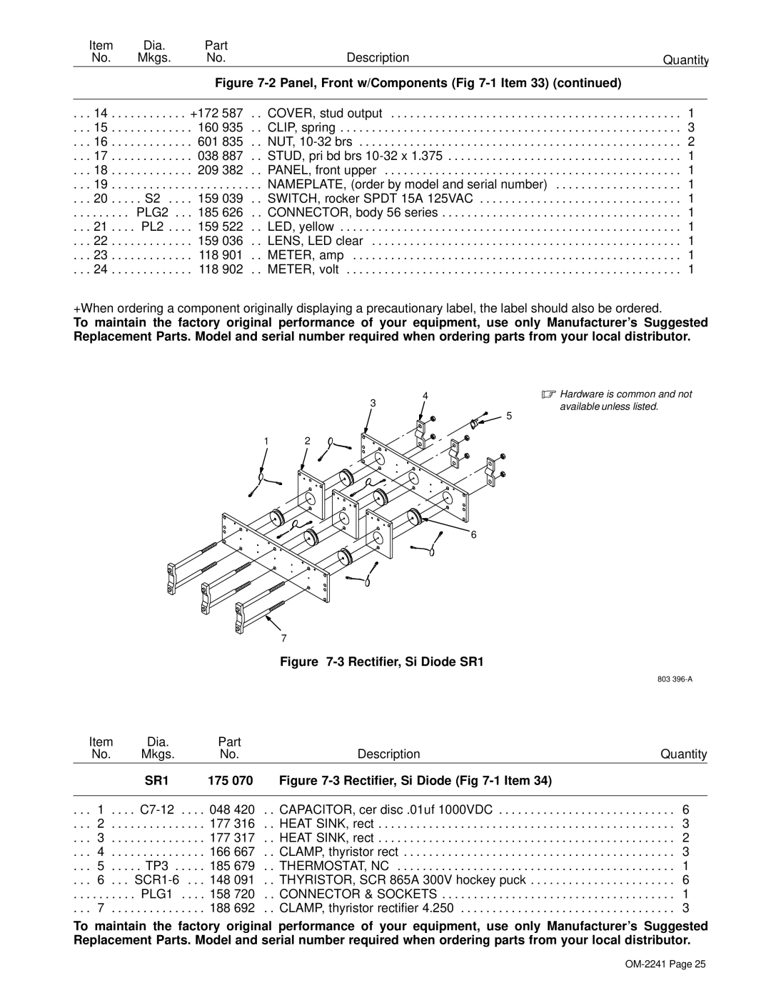 Miller Electric OM-2241 manual Rectifier, Si Diode SR1, 175 
