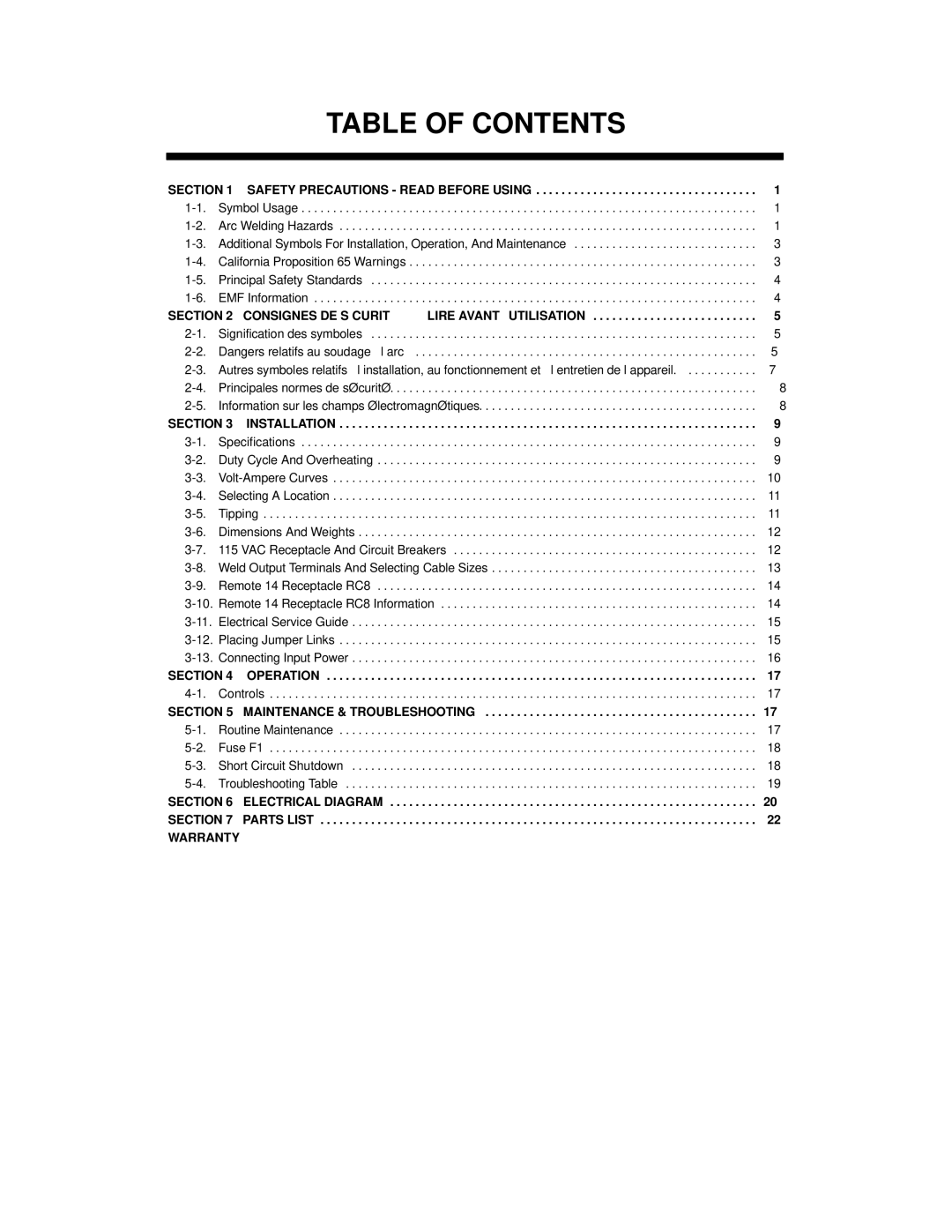 Miller Electric OM-2241 manual Table of Contents 