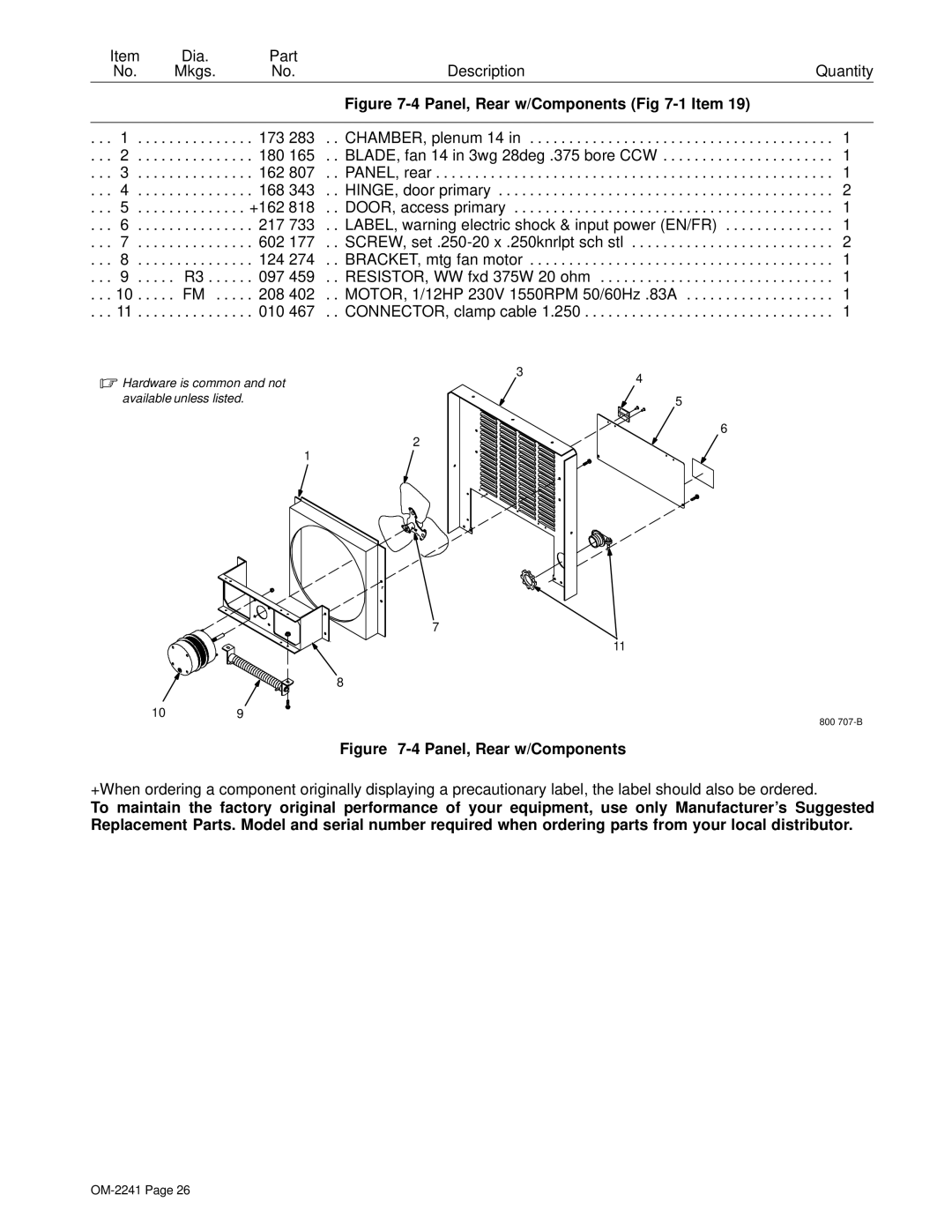 Miller Electric OM-2241 manual 4Panel, Rear w/Components -1Item 