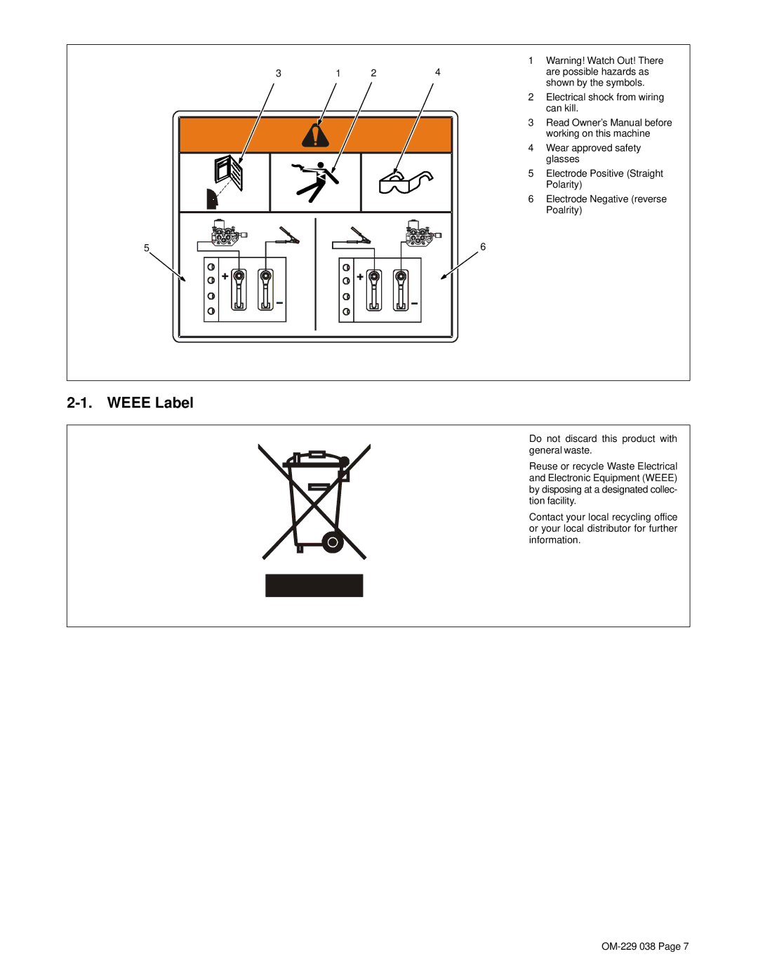 Miller Electric OM-229 038D manual Weee Label 