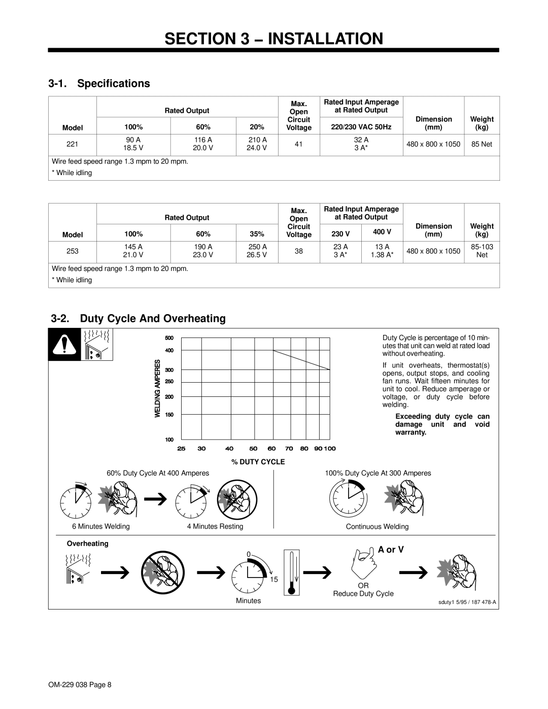 Miller Electric OM-229 038D manual Installation, Specifications, Duty Cycle And Overheating 