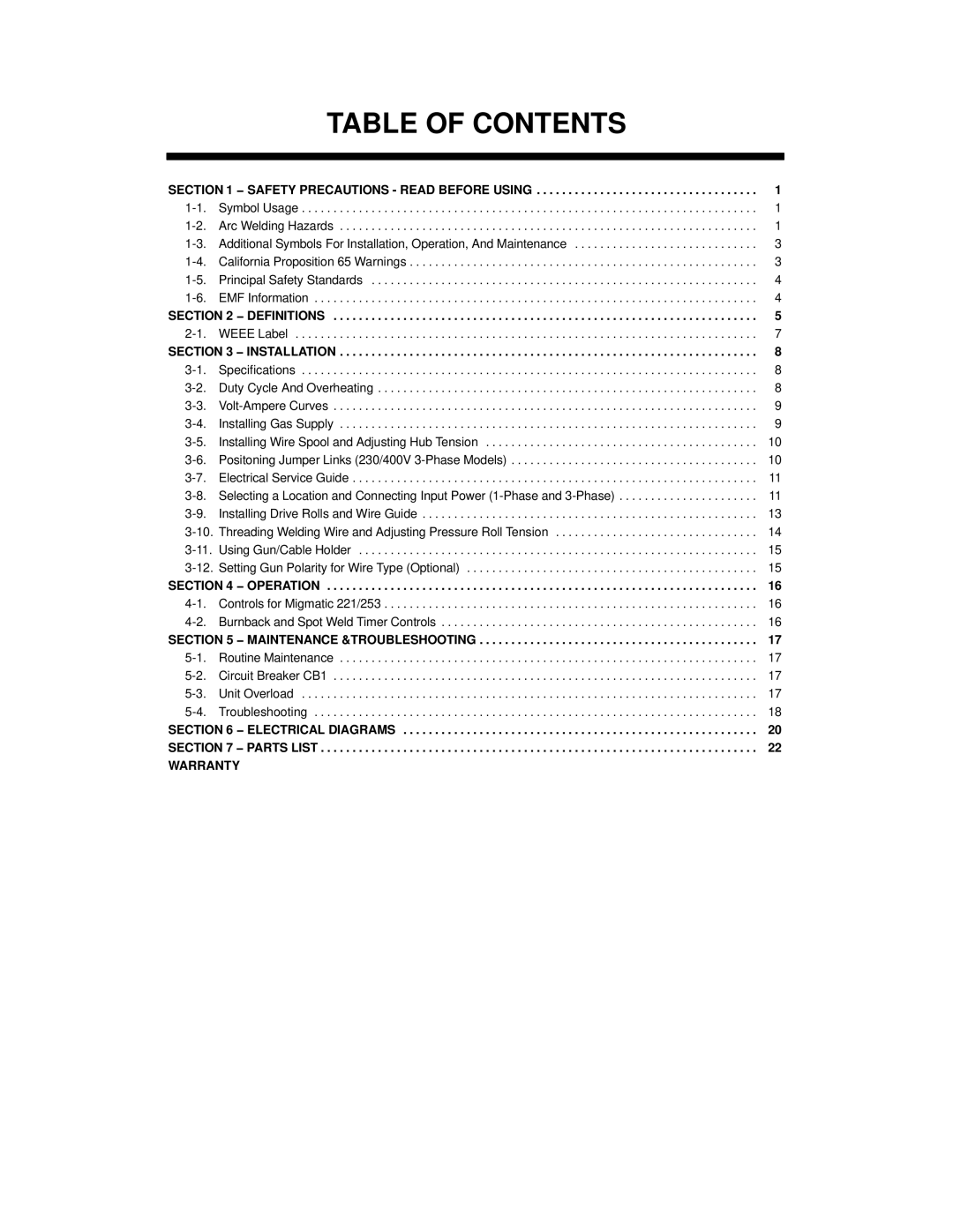 Miller Electric OM-229 038D manual Table of Contents 