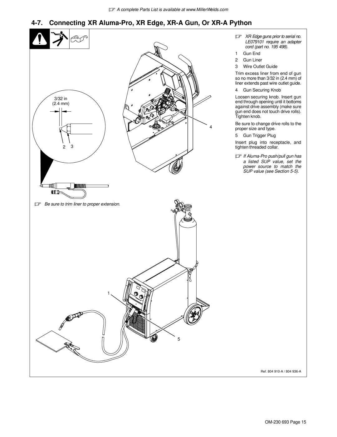 Miller Electric OM-230 manual Connecting XR Aluma-Pro, XR Edge, XR-A Gun, Or XR-A Python, 32 in 2.4 mm 