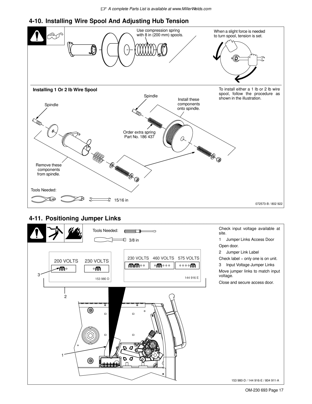 Miller Electric OM-230 manual Installing Wire Spool And Adjusting Hub Tension, Positioning Jumper Links 