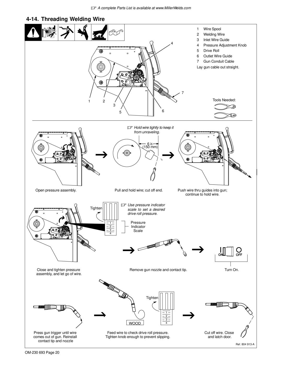 Miller Electric OM-230 manual Threading Welding Wire, Pressure, Scale, Remove gun nozzle and contact tip 