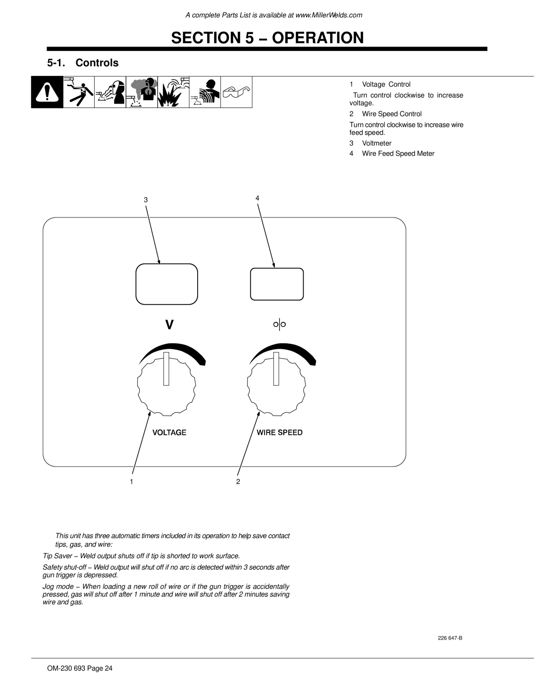 Miller Electric OM-230 manual Operation, Controls 