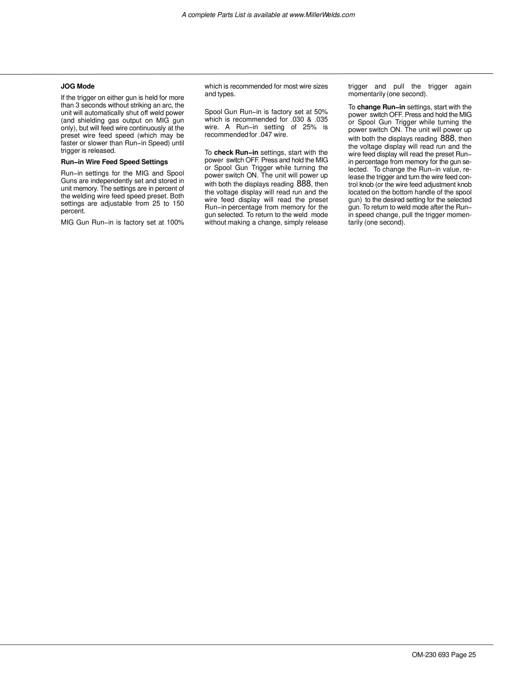 Miller Electric OM-230 manual JOG Mode, Run−in Wire Feed Speed Settings 