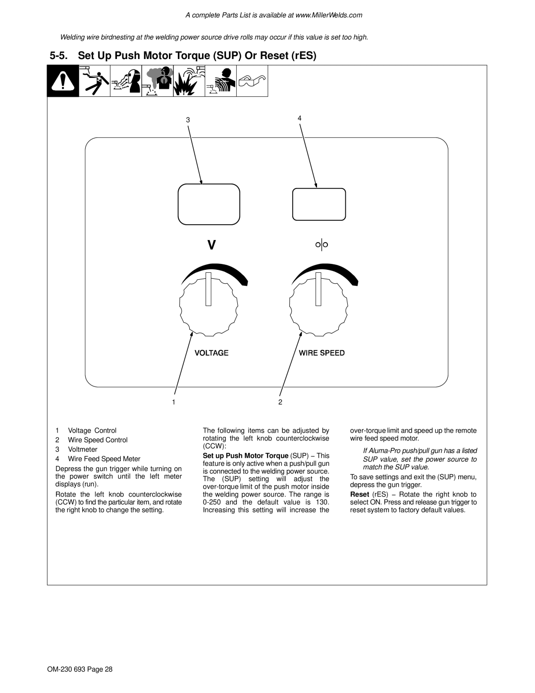 Miller Electric OM-230 manual Set Up Push Motor Torque SUP Or Reset rES 