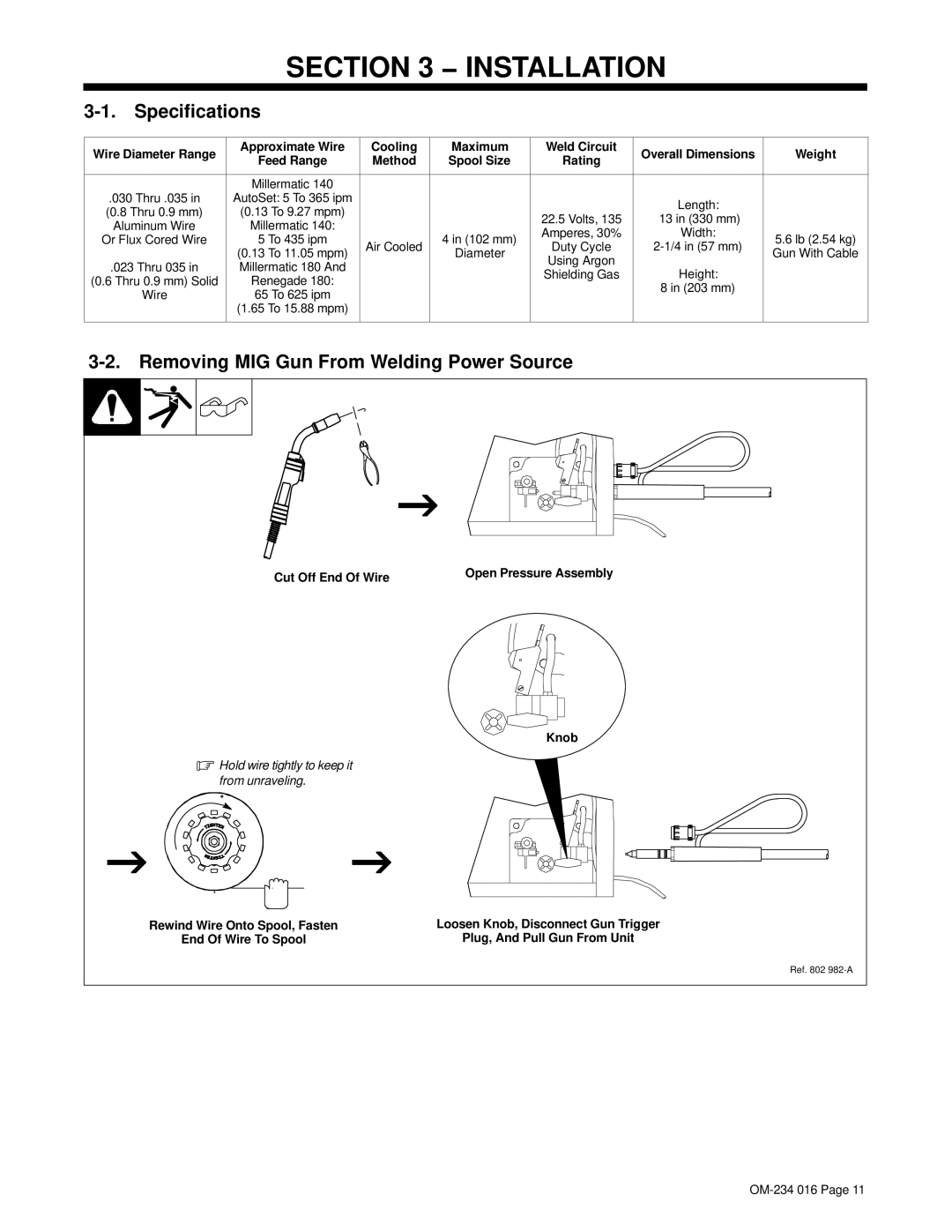 Miller Electric OM-234 016D manual Specifications, Removing MIG Gun From Welding Power Source 