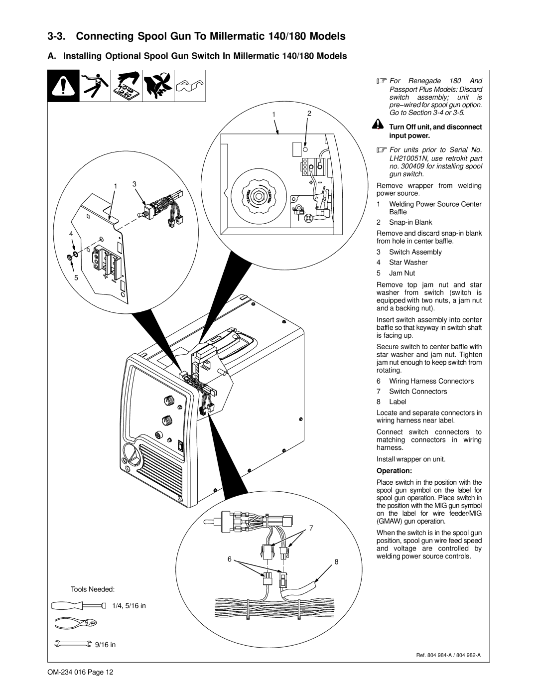 Miller Electric OM-234 016D Connecting Spool Gun To Millermatic 140/180 Models, Turn Off unit, and disconnect input power 