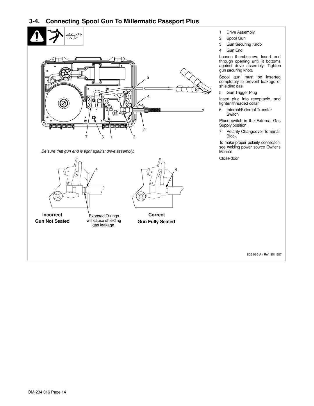 Miller Electric OM-234 016D manual Connecting Spool Gun To Millermatic Passport Plus, Incorrect, Correct 