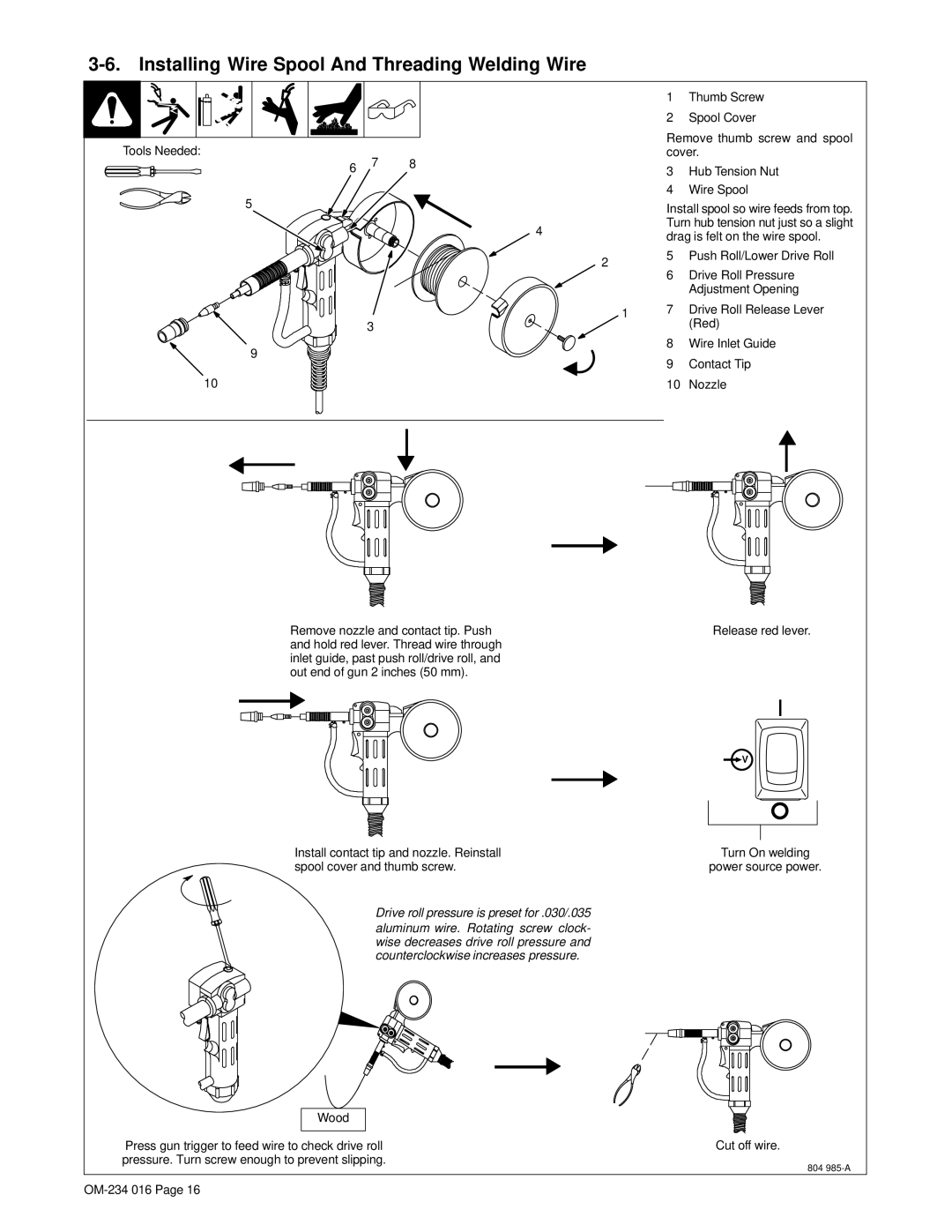 Miller Electric OM-234 016D manual Installing Wire Spool And Threading Welding Wire 