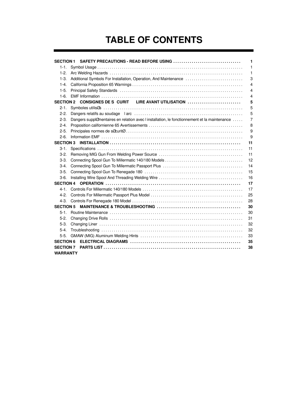 Miller Electric OM-234 016D manual Table of Contents 