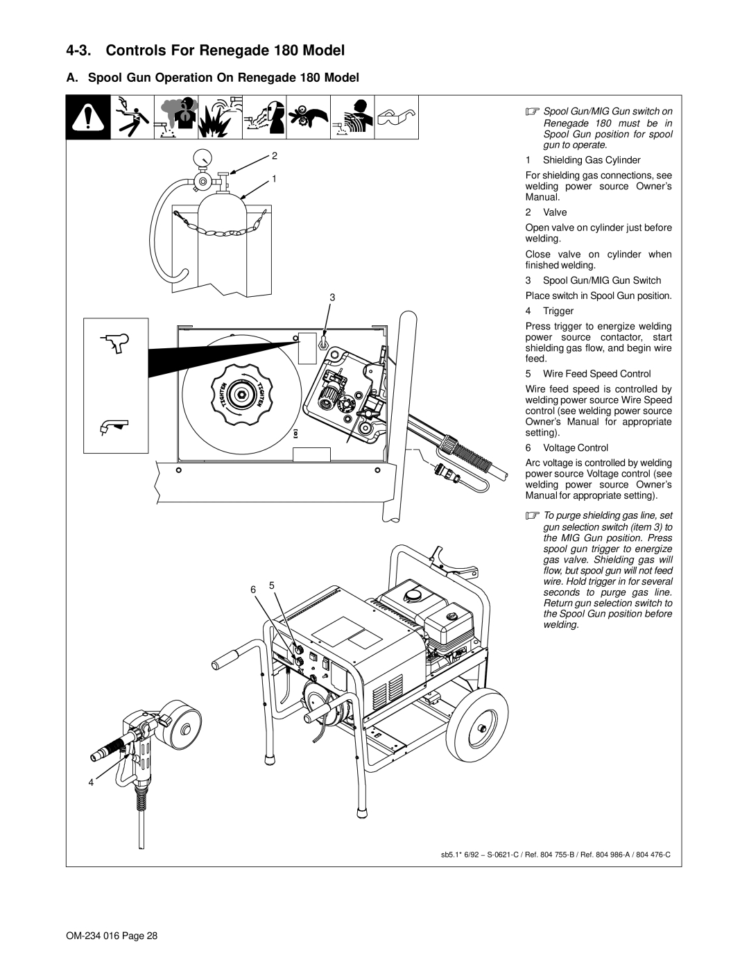 Miller Electric OM-234 016D manual Controls For Renegade 180 Model, Spool Gun Operation On Renegade 180 Model 