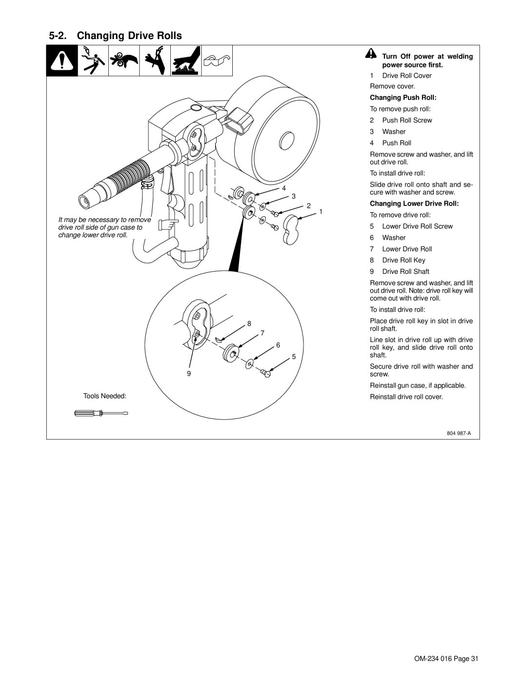 Miller Electric OM-234 016D manual Changing Drive Rolls, Turn Off power at welding power source first, Changing Push Roll 