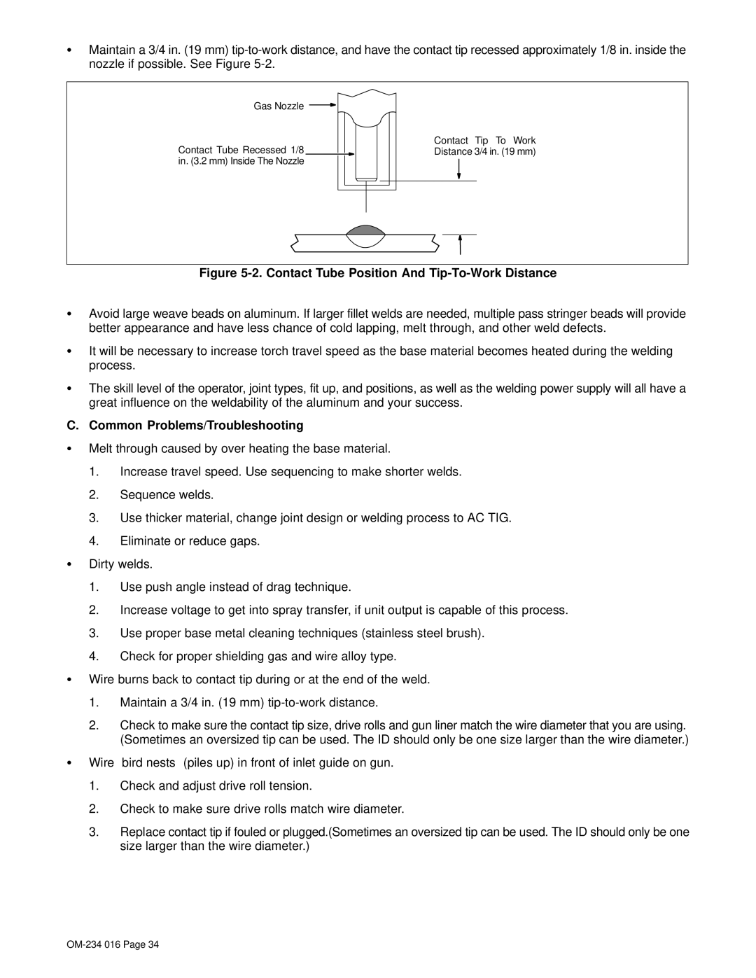 Miller Electric OM-234 016D Common Problems/Troubleshooting, Gas Nozzle Contact Tip To Work Contact Tube Recessed 1/8 