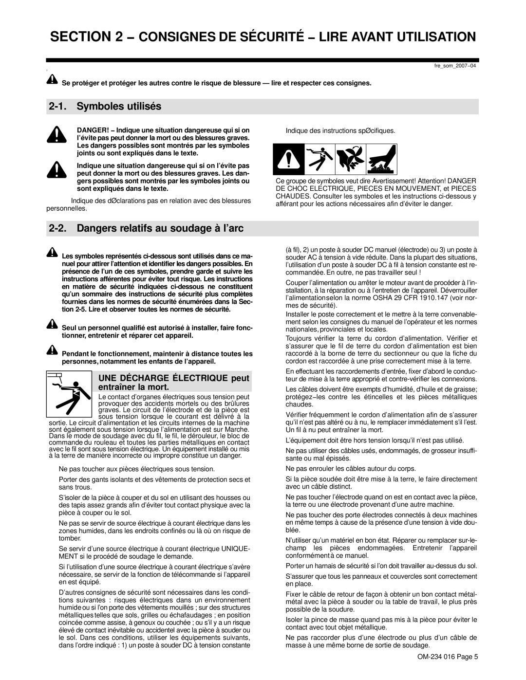 Miller Electric OM-234 016D manual Symboles utilisés, UNE Décharge Électrique peut entraîner la mort 