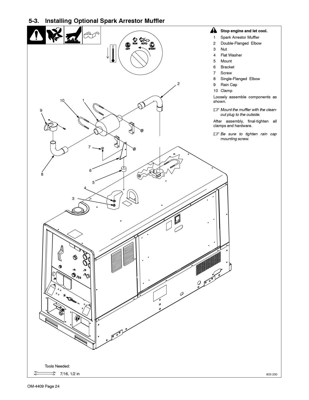 Miller Electric OM-4409 manual Installing Optional Spark Arrestor Muffler, Stop engine and let cool 