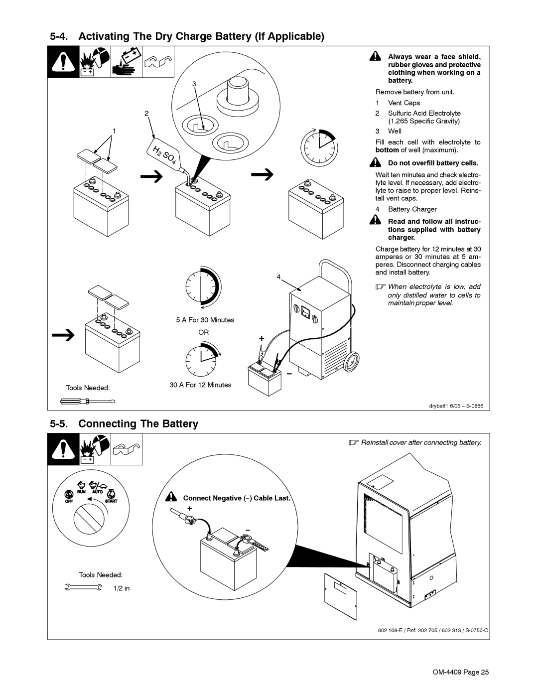 Miller Electric OM-4409 manual Activating The Dry Charge Battery If Applicable, Connecting The Battery 