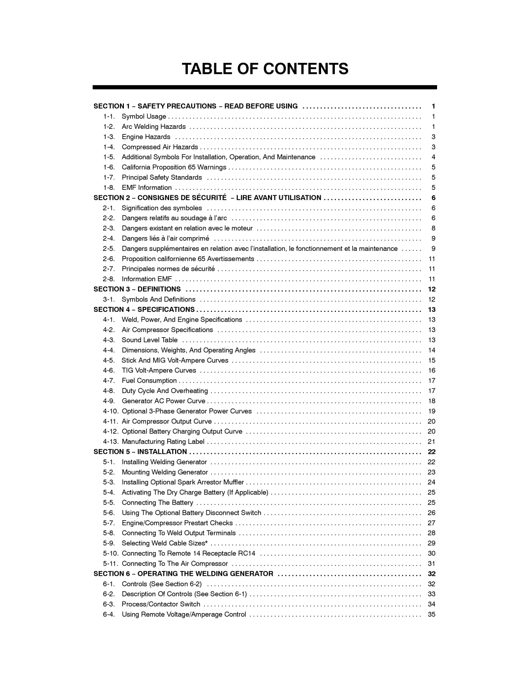 Miller Electric OM-4409 manual Table of Contents 