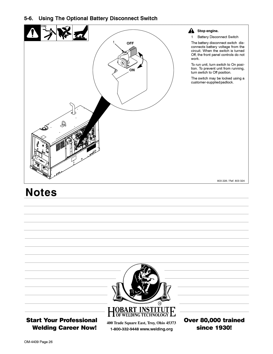 Miller Electric OM-4409 manual Using The Optional Battery Disconnect Switch, Stop engine 