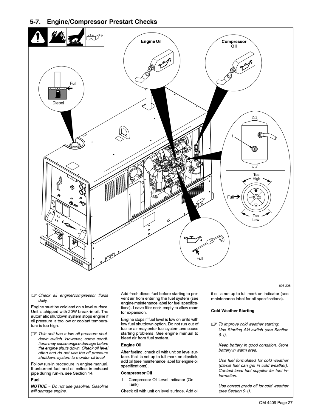 Miller Electric OM-4409 manual Engine/Compressor Prestart Checks 