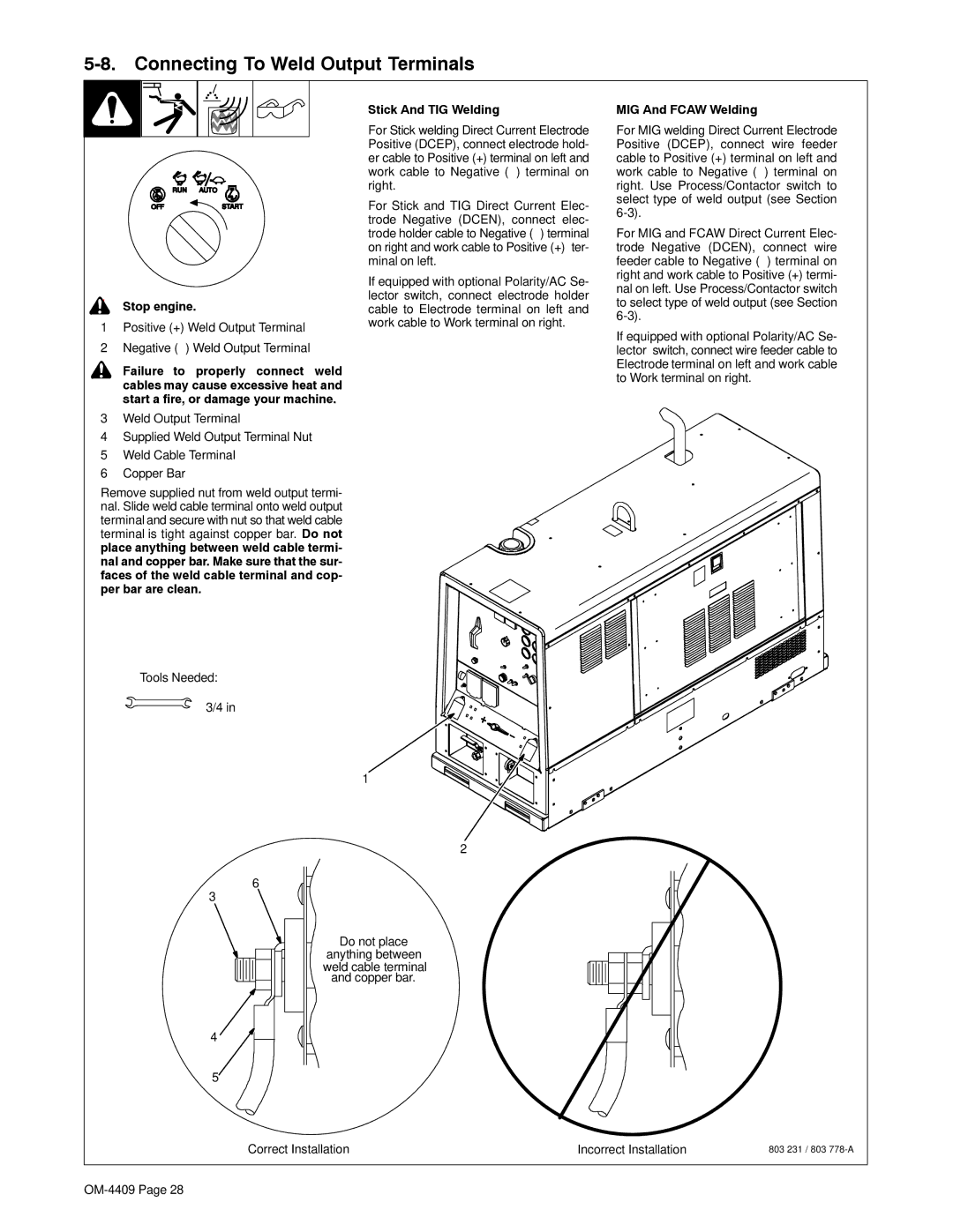 Miller Electric OM-4409 manual Connecting To Weld Output Terminals, Stick And TIG Welding, MIG And Fcaw Welding 