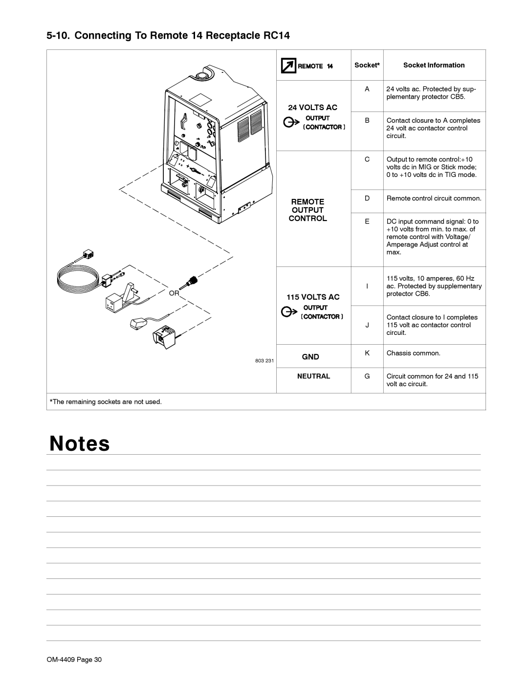 Miller Electric OM-4409 manual Connecting To Remote 14 Receptacle RC14, Socket 