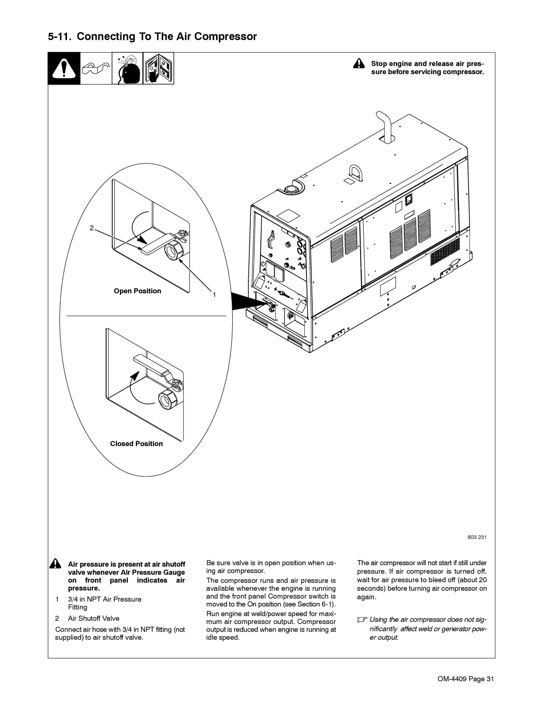 Miller Electric OM-4409 manual Connecting To The Air Compressor, Open Position Closed Position 