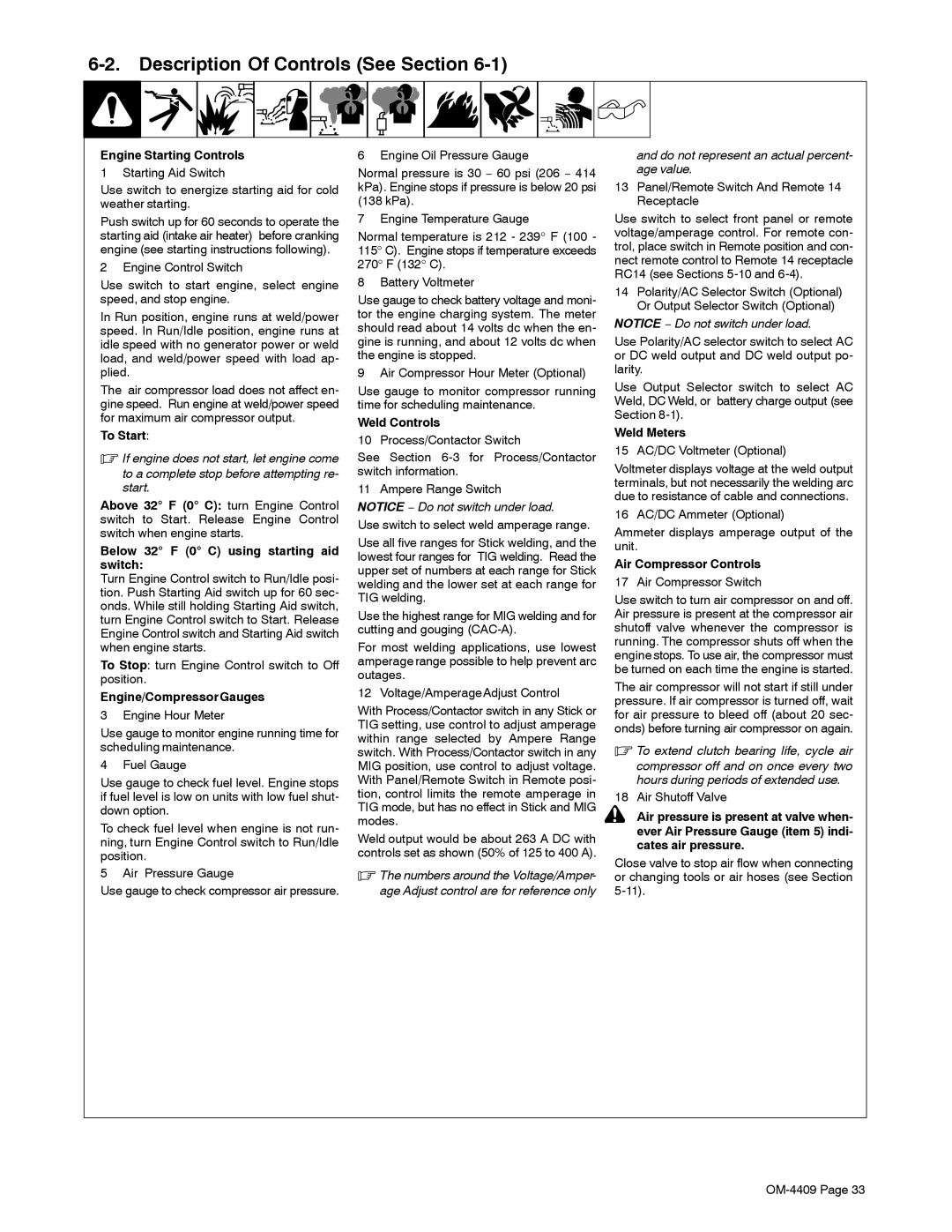 Miller Electric OM-4409 manual Description Of Controls See Section 