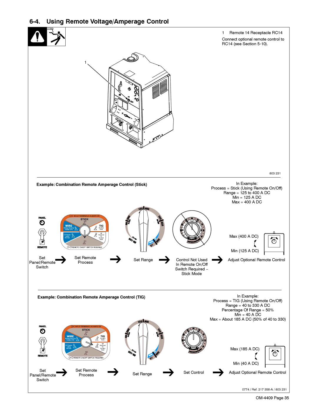 Miller Electric OM-4409 manual Using Remote Voltage/Amperage Control, Example Combination Remote Amperage Control Stick 