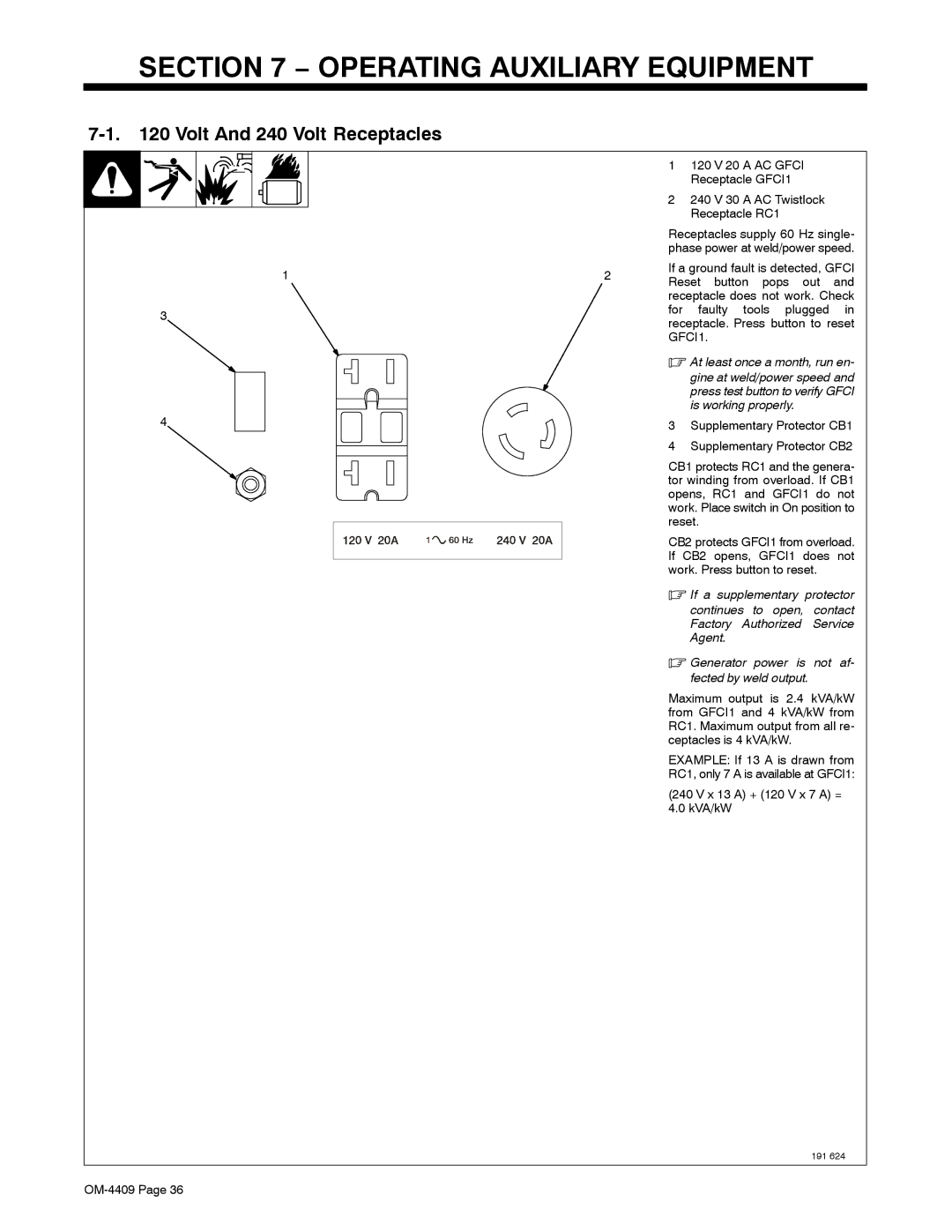 Miller Electric OM-4409 manual Operating Auxiliary Equipment, Volt And 240 Volt Receptacles, At least once a month, run en 