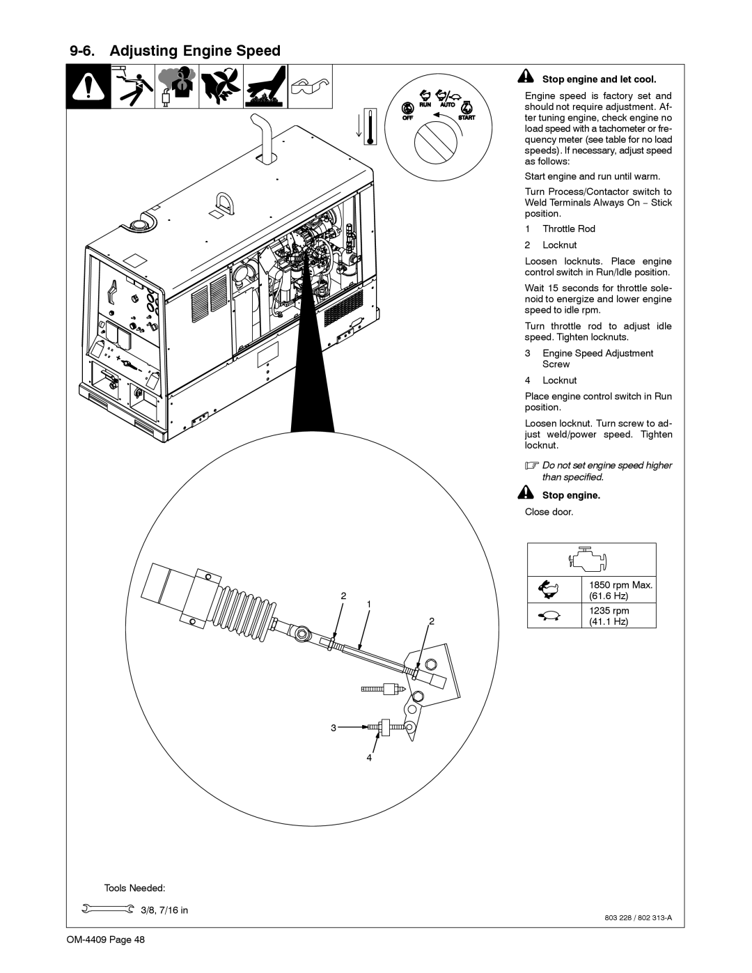 Miller Electric OM-4409 manual Adjusting Engine Speed, Do not set engine speed higher than specified 