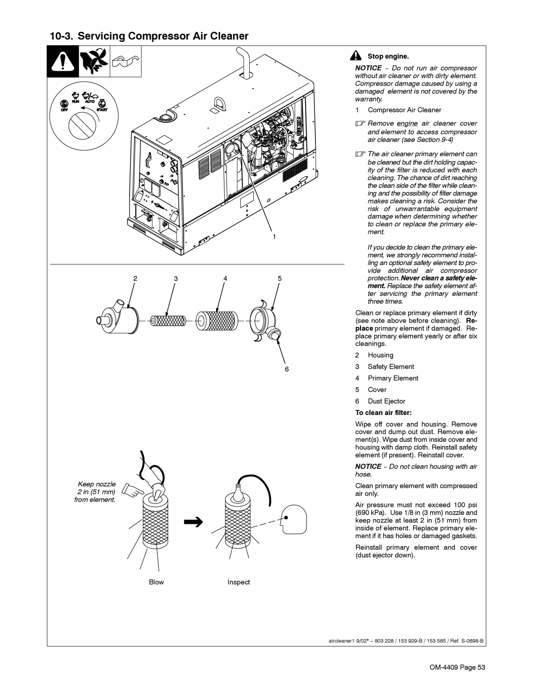 Miller Electric OM-4409 manual Servicing Compressor Air Cleaner, Remove engine air cleaner cover 