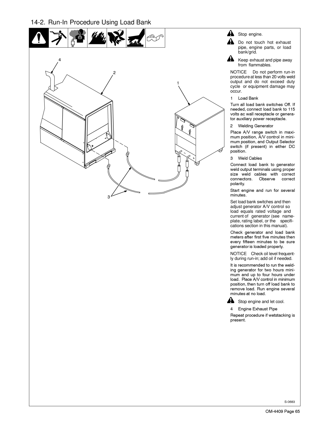 Miller Electric OM-4409 manual Run-In Procedure Using Load Bank, From flammables, Output and do not exceed duty, Occur 