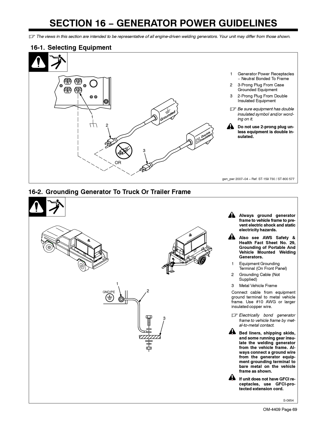 Miller Electric OM-4409 Generator Power Guidelines, Selecting Equipment, Grounding Generator To Truck Or Trailer Frame 