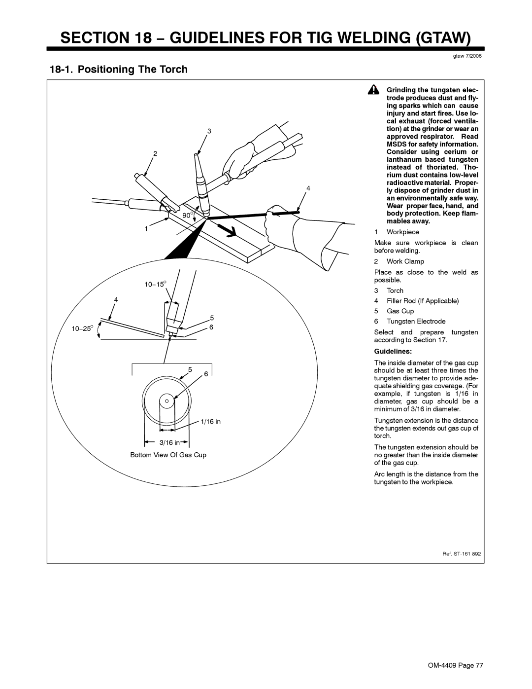 Miller Electric OM-4409 manual Guidelines for TIG Welding Gtaw, Positioning The Torch 